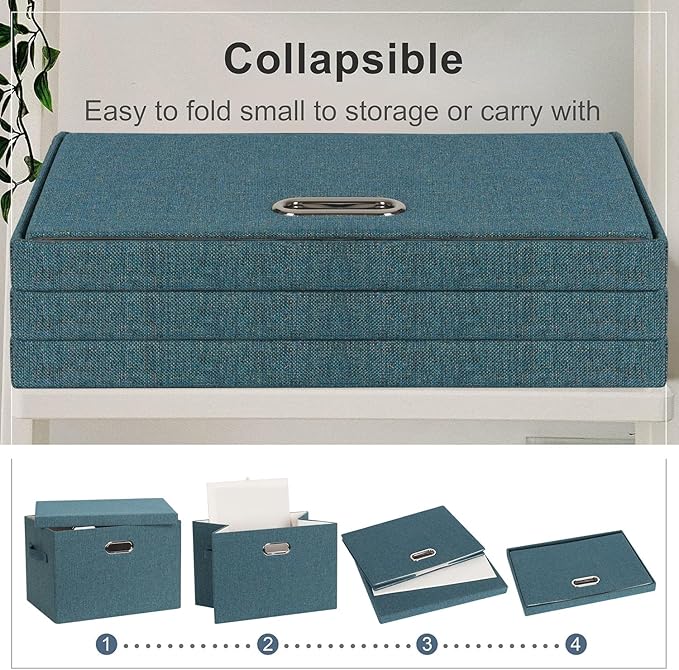 Large 17" 36 Quart Collapsible Stackable Storage Bins with Lids, 3 Packs Blue-Green Linen Fabric Closet Boxes with Lids, Storage Cube Baskets Container Organizers for Bedroom (17x12x11)