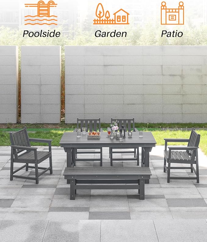HDPE Outdoor Bench, 55" Patio Bench Outdoor Furniture, Poly Lumber Adirondack Benches, Fade-Resistant HDPE Garden Backless Benches for Park, Poolside, Porch, Smoke Gray
