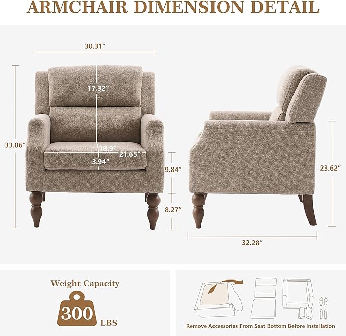 Kidol & Shellder Light Brown Oversized Accent Chair for Living Room Set of 2 Modern Reading Chair with Back Upholstered Comfy Single Sofa Chair for Bedroom Lounge Side Corner Boucle Fabric Armchair