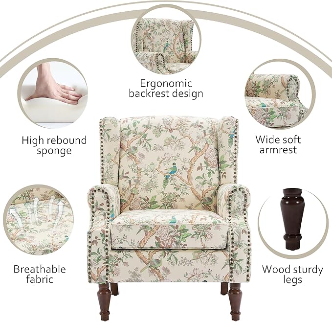 Lumibee Wingback Accent Chair, 2 Set High Back Floral Armchairs in Fabric,Comfy Upholstered Reading Single Sofa Chairs with Solid Wood Legs for Living Room,Bedroom,Office-Bird