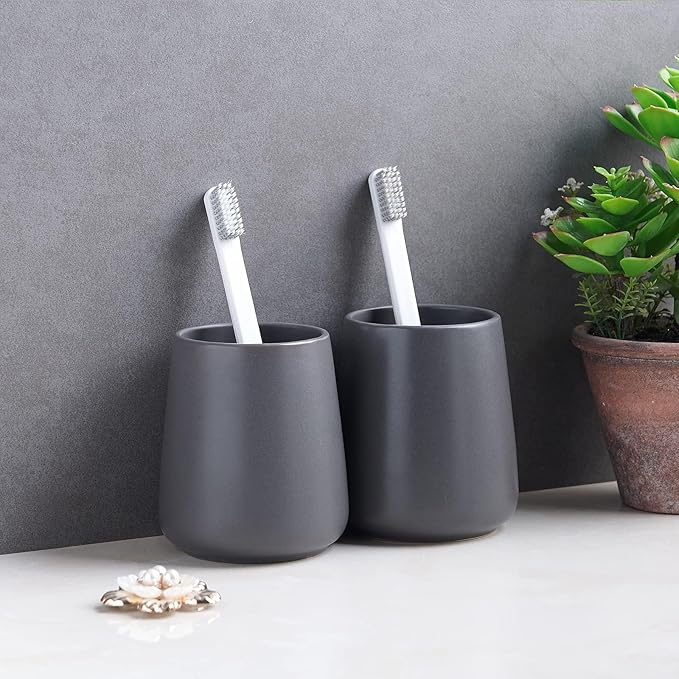 Grey Toothbrush Holder for Bathroom - Ceramic Tooth Brushing Holders, Toothpaste Holder, Reusable Toothbrush Mouthwash Cup, Space-Saving Design for Bathroom Countertop
