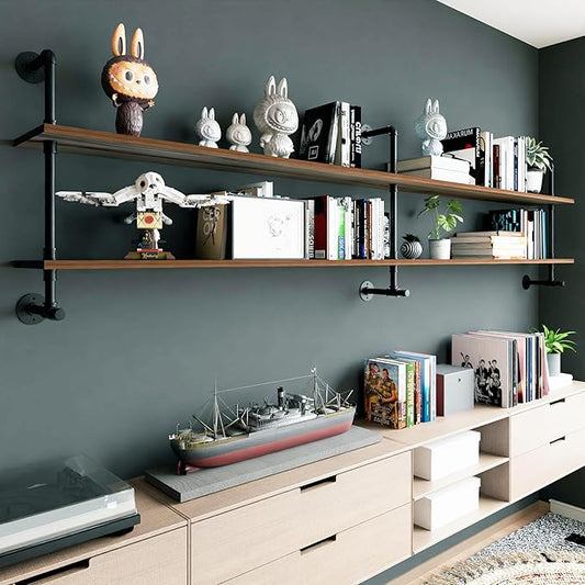 Industrial Pipe Wall Shelves Pipe Shelving with Real Wood Plank,70 Inches Floating Shelves for Wall Farmhouse Pipe Book Shelves Dark Brown 2 Tier for Kitchen,Living Room Decor and Bar Shelving