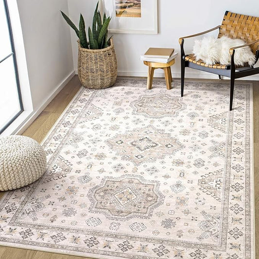Washable Area Rugs for Living Room - 5x7 Neutral Vintage Distressed Floral Farmhouse Boho Large Soft Floor Rug Indoor Non Slip Carpet for Living Room Bedroom Dining Room Office - Beige Brown