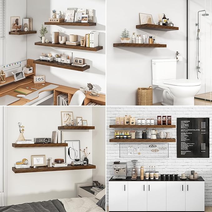 RICHFOCUS 16Inch Floating Shelves for Wall 2 Pack Shelves for Bedroom|Kitchen|Bathroom Wall Mounted Rustic Wood Floating Shelf with Invisible Brackets for Books|Storage|Decor, Rustic Brown