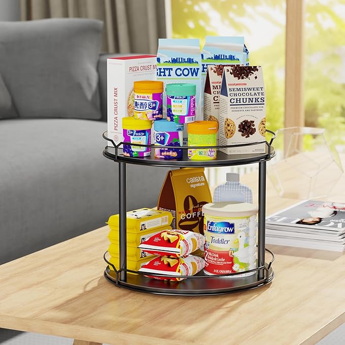 Lazy Susan Organizer 2 Tier - 12.4" Turntable Spice Rack for Table Top, Wooden Rotating Lazy Susan for Cabinet Pantry Kitchen Countertop Dining Table Cupboard Bathroom Vanity Storage(Black)