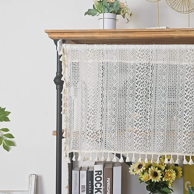 Sutuo Home Boho Sheer Curtain Valance Tier Crochet Lace with Bohemian Hollow Knitted Handmade Tassels, Short Farmhouse Window Treatment for Kitchen Cafe, Rod Pocket, 1 Panel 59" W x 24" L, Beige