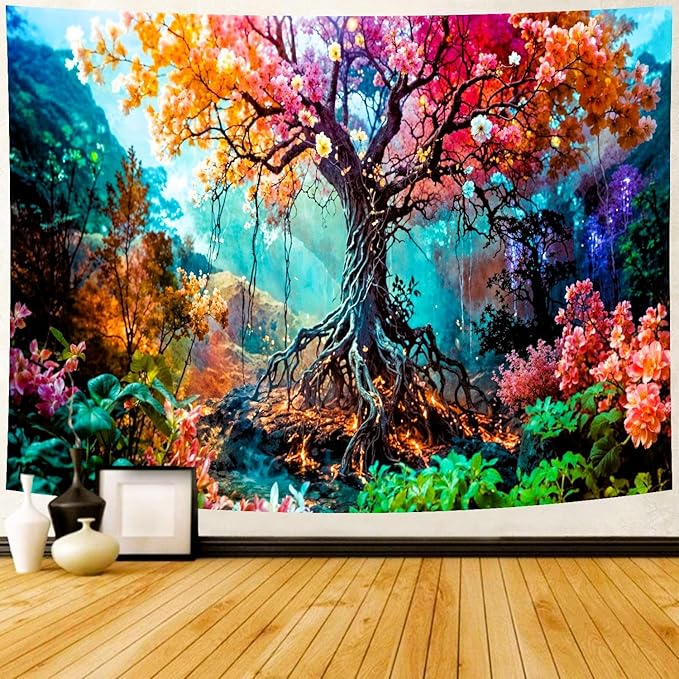 Delur Forest Tapestry Tree of Life Fantasy Tropical Rainforest Tapestry Wall Hanging Colorful Nature Mystical Landscape Psychedelic Spiritual Headboard for Bedroom Living Room Home Decor (51.2" x 59.1")