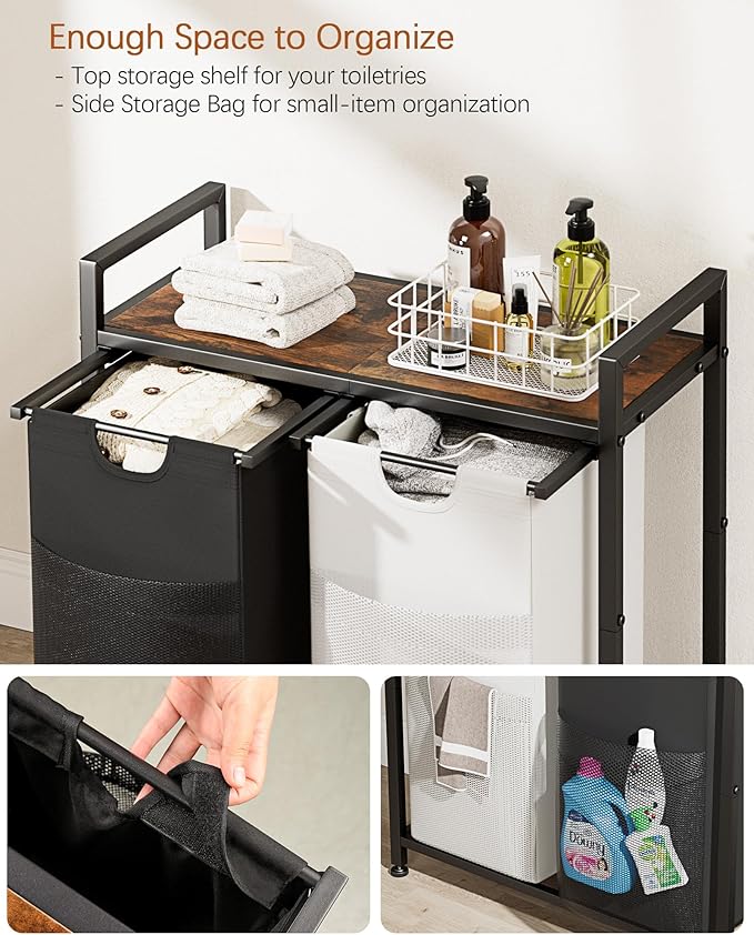 Lulive Double Laundry Hamper, Multifunctional Basket Organizer, 112L Laundry Sorter with Removable Bags and Fabric Handles, Large Top Shelf Laundry Bag for Bathroom, Dorm, Laundry Room
