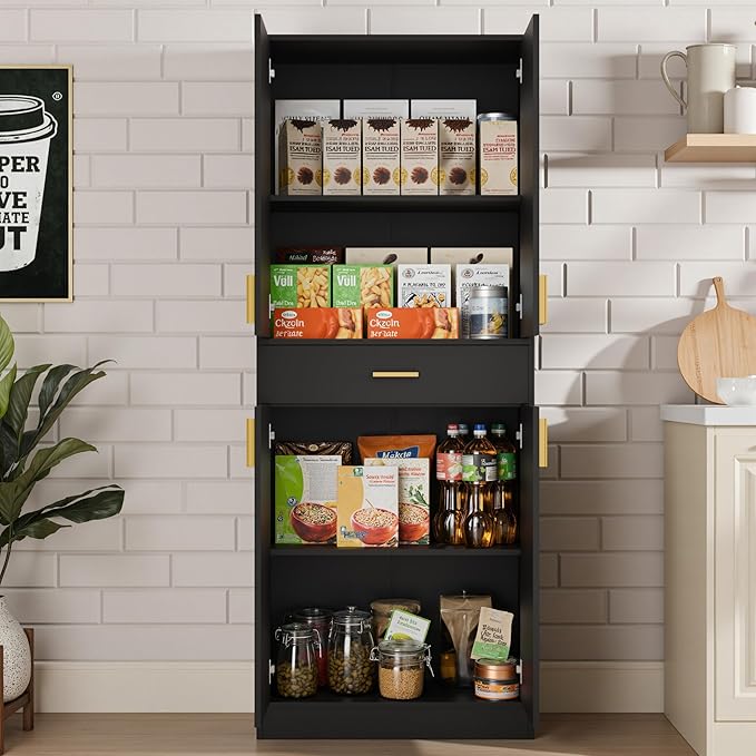 Cozy Castle Pantry Cabinet, 71" Tall Kitchen Storage Cabinet with Doors and Shelves, Freestanding Wood Cupboard Utility Hutch with Drawer for Dining Room Living Room Bathroom Furniture, Black