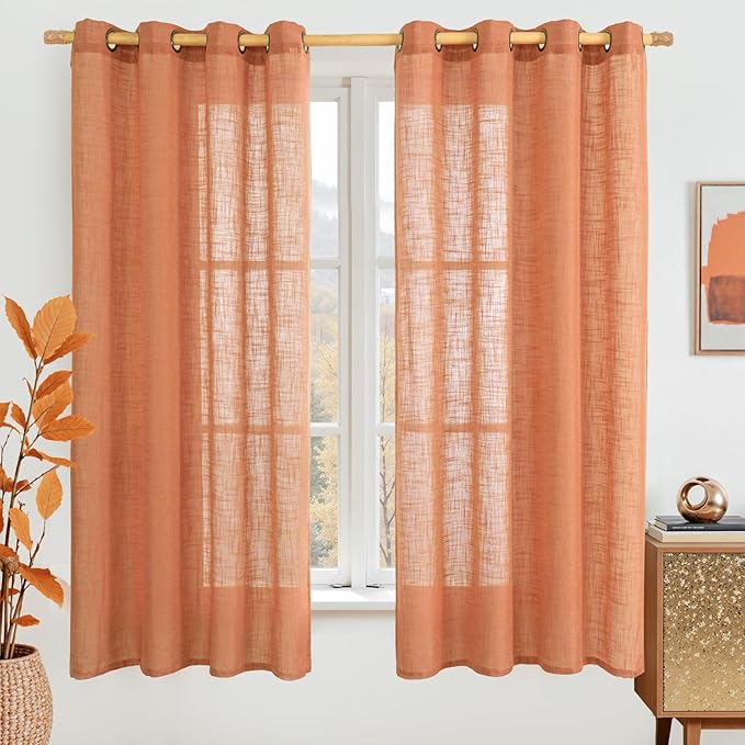 LAMIT Sheer Linen Curtains 63 Inch for Bedroom, Light Filtering Country Decor Semi Sheer Farmhouse Boho Curtains Bronze Grommet Living Room Panels, Burnt Orange, 2 Panels, 52 x 63 Inch
