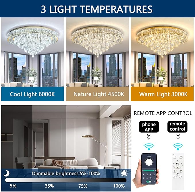 Modern Crystal Chandeliers for Living Room Ceiling Light Fixture LED Dimmable Lamp with Remote Pendant Lighting Flush Mount Ceiling Light for Dining Room Bedrooms Foyer