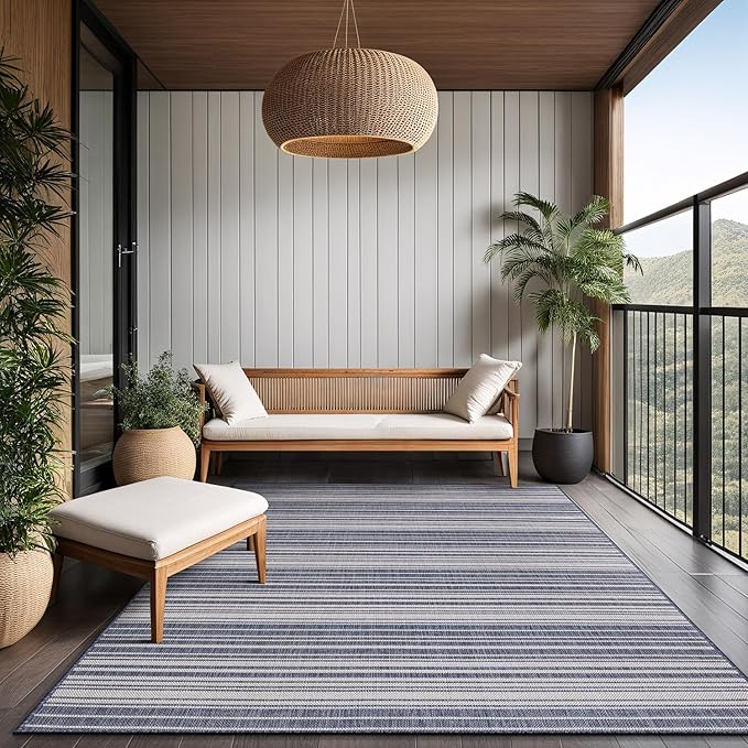 Stripe Outdoor Rug 6x9 Washable Outside Carpet for Indoor Patio Porch Waterproof Easy Cleaning Non Shedding Area Rugs Blue 6 x 9