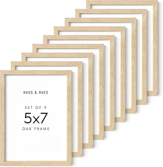 HAUS AND HUES Square Picture Frames 5 x 7 Set of 9 - Photo Gallery Wall Frame Set, Wood 5x7 Frames, 5 x 7 Frames Gallery Wall Set, 5x7 Frame with Mat, Square Frames 5x7 (Beige Oak Frames)
