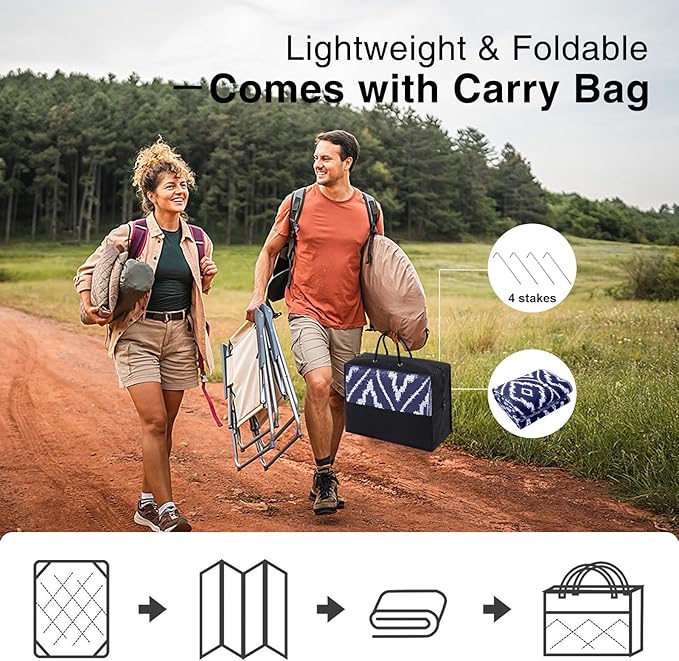 OLANLY Outdoor Rug 8x10 ft Waterproof, Outdoor Plastic Straw Rug with Geometric Pattern Clearance, Reversible RV Mat for Patio, Camping, Balcony, Deck, Backyard, Navy & White