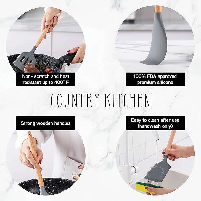 Country Kitchen Non Stick Silicone Utensil Set with Rounded Wood Handles for Cooking and Baking, 14 Piece Set, Gray