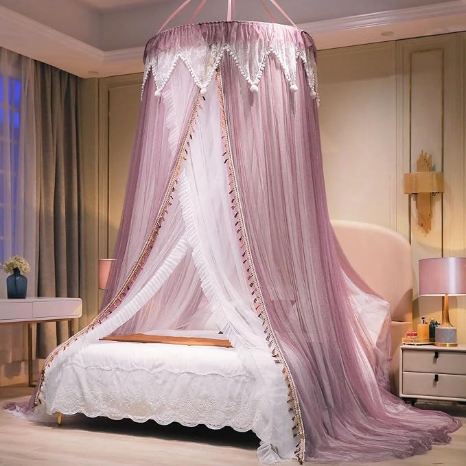 AIKASY Girls and Adults Canopy Bed, Elegant Double-Layer Bed Curtain, Children's Dream Round Lace Mosquito Net, Princess Canopy Net - Fits Twin, Full, Queen, and King Beds (White/Red Bean)
