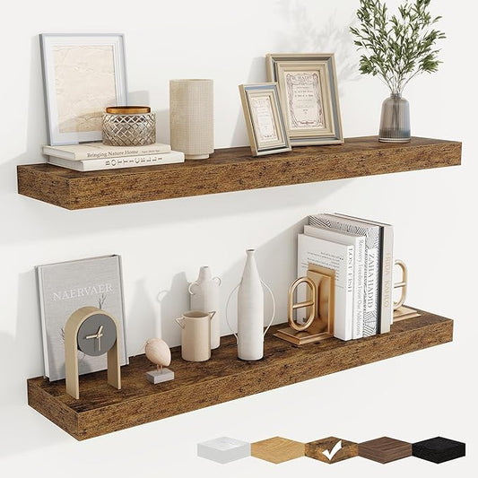 fuqing Floating Shelves for Wall, Bathroom Shelf Wall Mounted for Storage, Shelves with Invisible Bracket for Bedroom, Kitchen, Living Room, Farmhouse Small Book Shelf, 36 Inch Set of 2, Rustic Brown