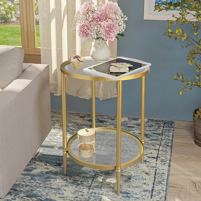 2 Tier Round Side Table, Gold End Table with Glass Top, Modern Metal Clear Coffee Tables, Small Accent Tables for Living Room, Bedroom, 18" x 18"