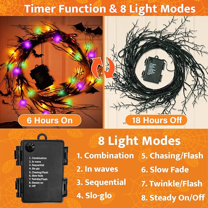 [ Timer & 8 Modes ] 6 Ft 54LED Halloween Willow Vine Twig Decor Branches Garland Decorations Orange ＆ Purple ＆ Green Lights -Battery Operated Garland for Indoor Wall Fireplace Halloween Decorations