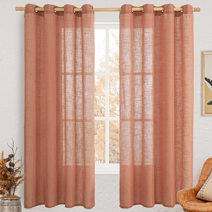 LAMIT Terracotta 72 inch Linen Curtains 2 Panels Set for Living Room, Soft Thick Linen Semi Sheer Light Reducing Bronze Grommet Window Treatments Neutral Drapes for Bedroom, 52 x 72 Inch