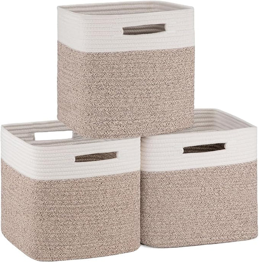 OIAHOMY Cube Storage Basket, 3-Pack Woven Cotton Rope Baskets, 11-Inch Cube Basket with Handles, Great for Shelves, Closets, Children's Toy Organization - White & Brown