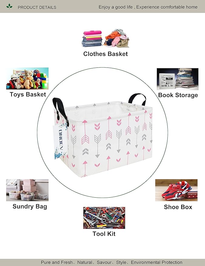 Rectangular Folding Laundry Basket,waterproof Canvas Basket,gift basket,Suitable for children's room,Office,Clothes,Toys Storage (Pink Arrow)