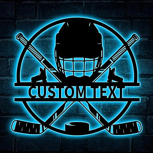 Custom Hockey LED Wall Sign – Personalized Ice Hockey Helmet & Sticks Neon Sign, 16-Color LED with Remote Control, Hockey Decor for Boys Room, Man Cave, Sports Fans