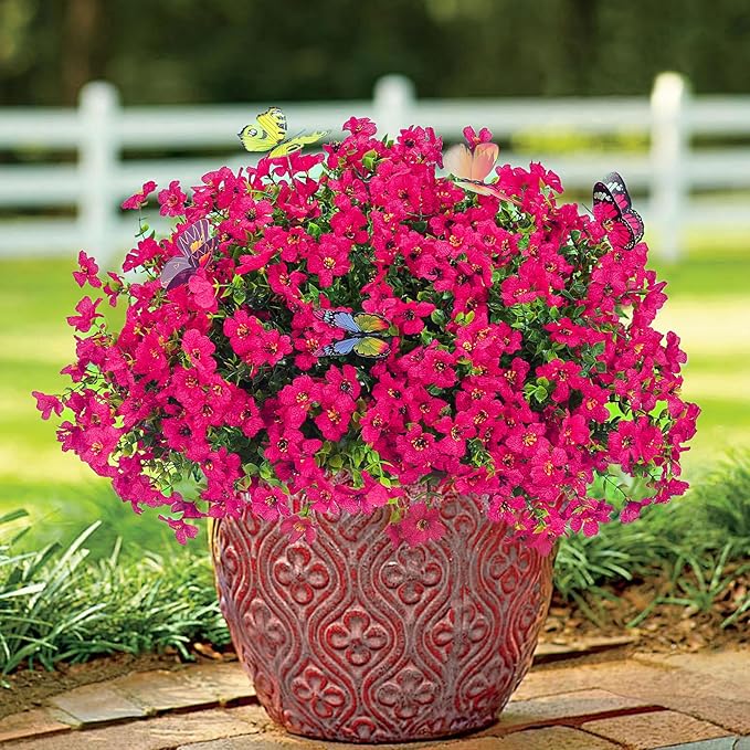 ‌20 Bundles Artificial Flowers for Outdoors‌ with 6 Faux Butterflies, UV Resistant ‌Fake Flowers‌ with Eucalyptus Leaves, ‌Artificial Plants Outdoor‌ for Patio Garden Porch Home Decor (Rose Red)