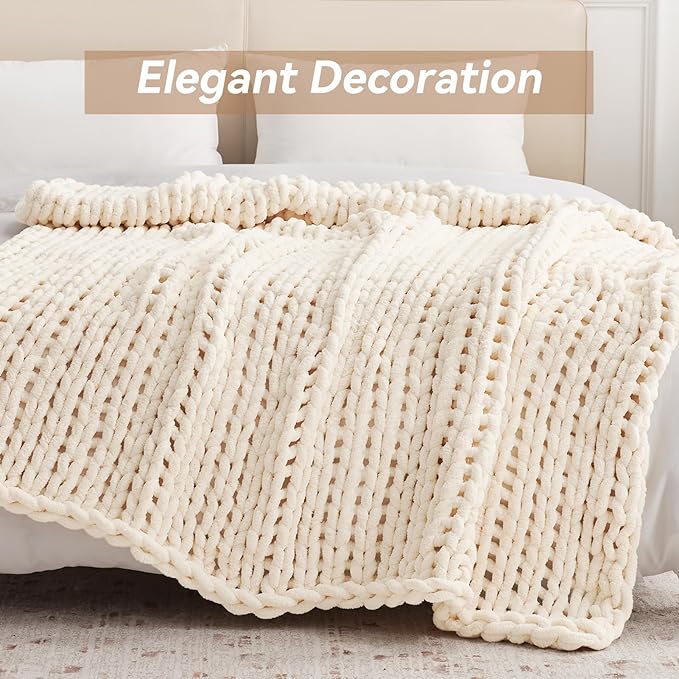 Chunky Knit Throw Blanket, 30''*40'' Knitted Throw Chenille Yarn for Bed Couch, Handmade Cream Crochet Big Thick Blanket, Machine Washable Cute Comfy Blanket for Home Decor