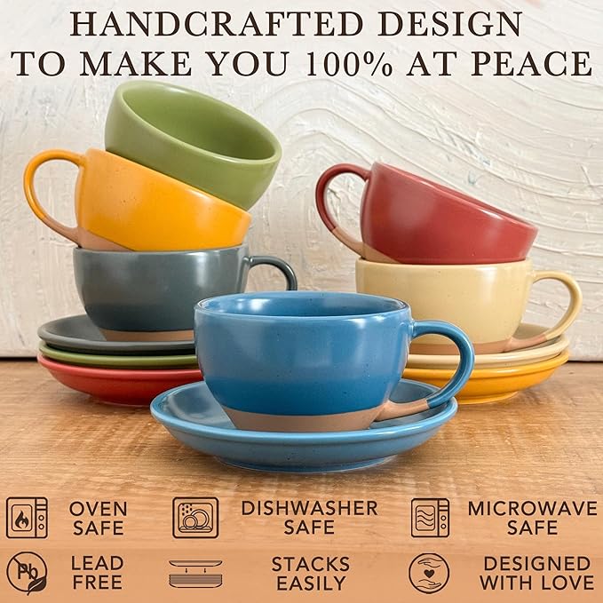 Mora Ceramic Latte Art Mug With Saucer - 10.5 oz, Round Bottom For Perfect Pours - Cafe Cups for Cappuccino, Espresso, Coffee, Tea etc - Porcelain Set for Baristas, Great Gift - Azure Blue