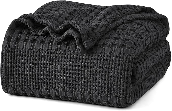 PHF 100% Cotton Waffle Weave Blanket King Size, Soft Lightweight Breathable Cozy Summer Blankets for Bed, Luxury Aesthetic Woven Bedding for Home Decor, 108"x90", Black