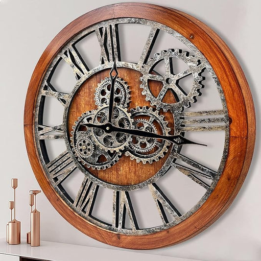 The B-Style Large Wall Clock 24 inch Moving Gear Wall Clock Oversized Vintage Farmhouse Wall Clocks for Living Room Decor Rustic Industrial Wood Clock (Brown and Bronze)