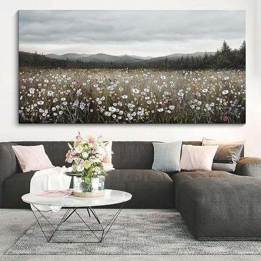 HGUAOA Vintage Framed Floral Landscape Wall Art for Living Room - Large Nature Artwork Above Bed Wall Decor - Farmhouse Mountain Pictures for Bedroom Wall Decor 20×40IN