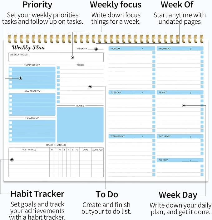 Weekly Planner Notepad Undated Weekly Schedule Planner To Do List Notebook Goals Planning Pad Habit Tracker Journal for Man & Women,52 Weeks (8.5x11")