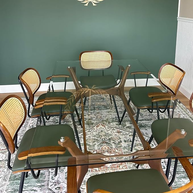 Rattan Dining Room Chairs Set of 2,Mid Century Modern Kitchen Side Chairs,Metal Legs Desk Chair,Faux Leather Accent Chair with Arms and Rattan Backrest Green PU