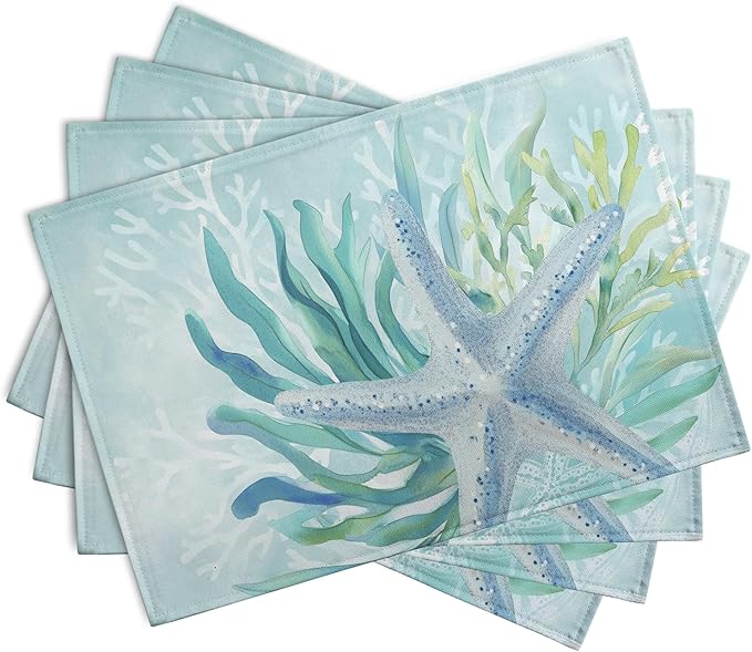 Nautical Coastal Placemats Set of 4 Ocean Coral Starfish Seagrass Beach Theme Table Mat 12x18 Inch Teal Turquoise Blue Summer Linen Fabric Place Mats for Party Kitchen Dining Outdoor Indoor Decor