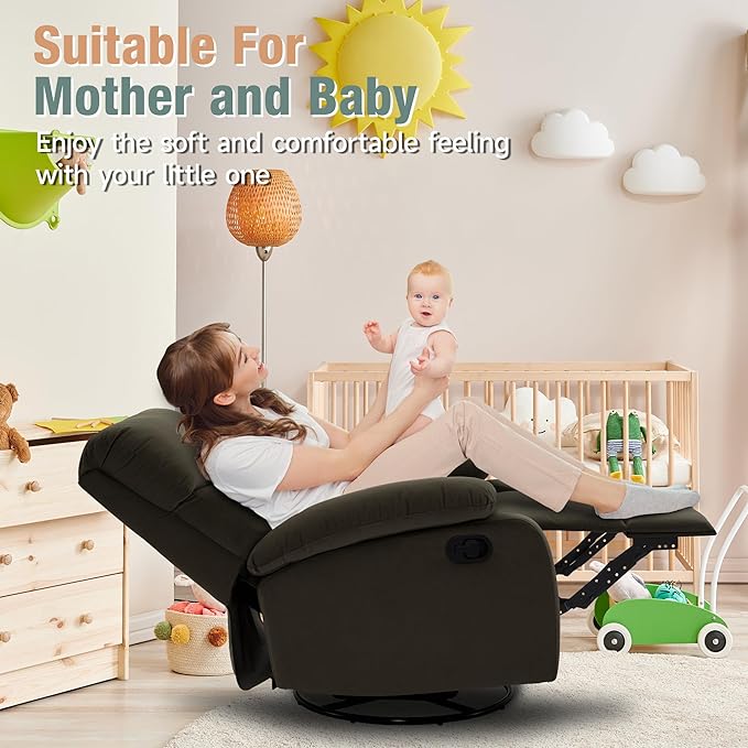 Swivel Rocker Recliner for Adults, Small Recliner Chair for Small Spaces, Rocking Recliner Chair for Nursery. Living Room, RV, Bedroom, Dark Brown