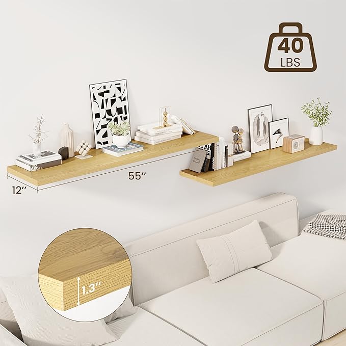 55" Floating Shelves for Wall, 12" Deep Slim Oak Floating Shelves, Wall-Mounted Shelves for Bedroom, Living Room, Kitchen, Bathroom - Set of 2