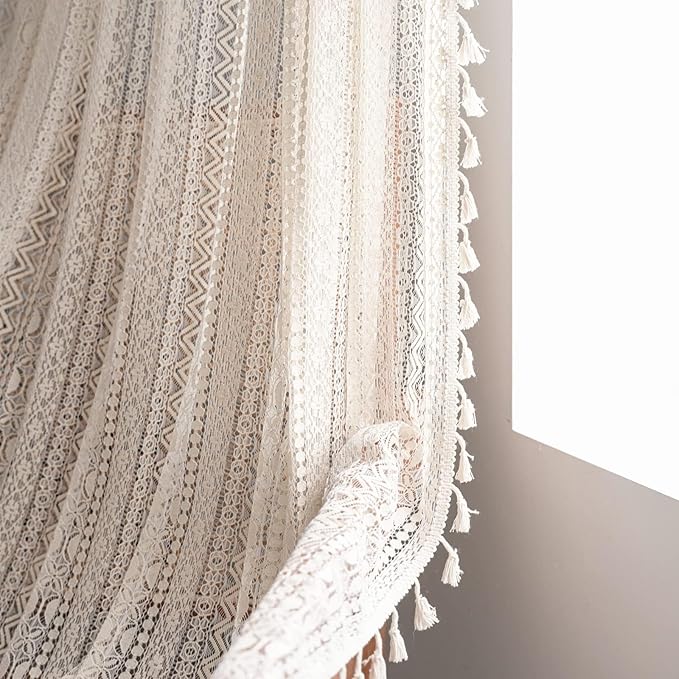Sutuo Home Boho Curtains for Bedroom Nursery 90 Inch Length, Bohemian Geometric Crochet Sheer Lace Handmade Tassels Window Treatment Vintage Rustic Drape Rod Pocket 1 Panel 59" W x 90" L, Beige Wave