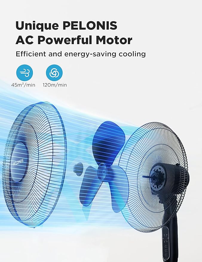PELONIS 16'' Pedestal Fan for Bedoom, Remote, Standing Fan with 7-Hour Timer, 90° Oscillation, 3-Speeds, Adjustable Height, Electric Cooling Fans for Living Room and Office