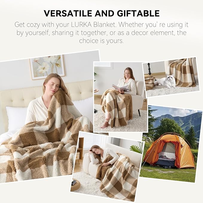 LURKA Checkered Sherpa Fleece Twin-Size Bed Blanket - Extra Thick and Warm Winter Soft Fuzzy Plush Blanket for Couches, Beds & Pets, Brown, 60x80 Inches