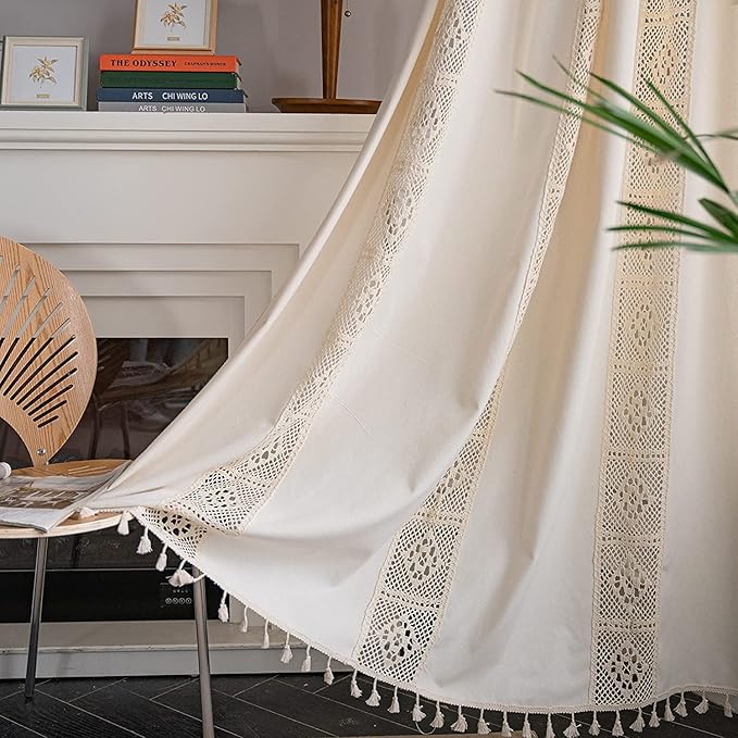 Sutuo Home Boho Curtain Crochet Lace Patchwork Semi-Blackout Bohemian Handmade Tassels, Rod Pocket Window Treatment Vintage Rustic Farmhouse Drapes for Bedroom, 1 Panel 59" W x 108" L, Beige