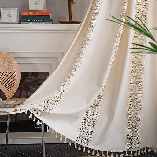 Sutuo Home Boho Curtain Crochet Lace Patchwork Semi-Blackout Bohemian Handmade Tassels, Rod Pocket Window Treatment Vintage Rustic Farmhouse Drapes for Bedroom, 1 Panel 59" W x 108" L, Beige