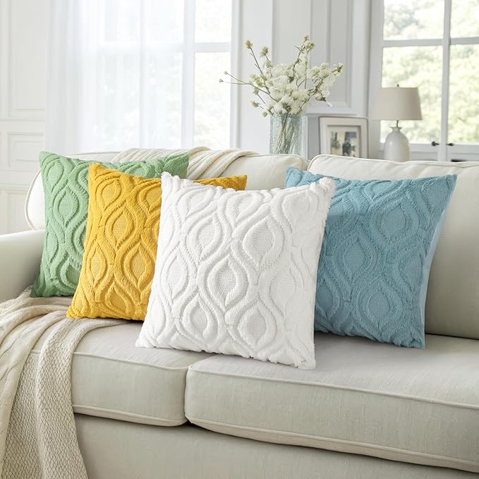 decorUhome Throw Pillow Covers 18x18 Inch Set of 2, Soft Plush Decorative Faux Fur Cream Beige Solid Couch Pillow Covers, Accent Farmhouse Neutral Square Euro Pillow Cases for Sofa Bed Living Room