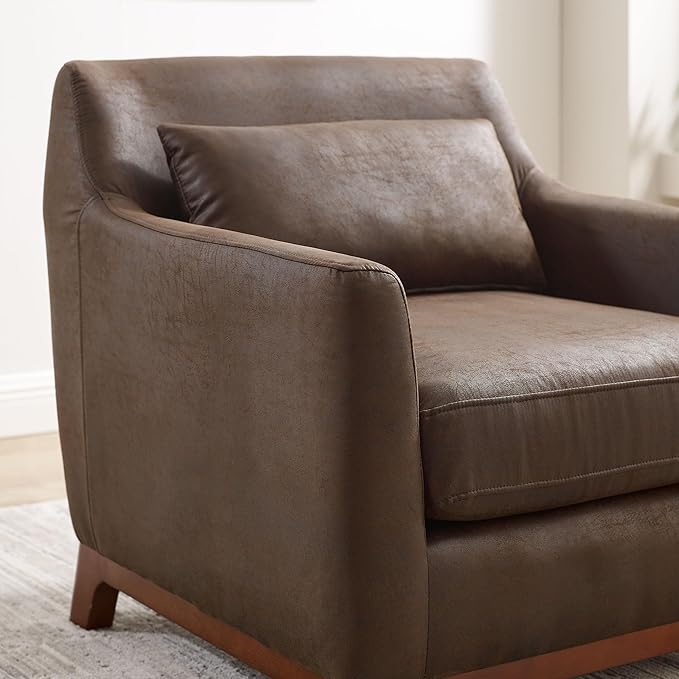 Extra Deep Accent Chair, Comfy Fabric Armchair with Wood Base, Upholstered Single Sofa Chair for Living Room & Bedroom, Faux Leather Dark Brown