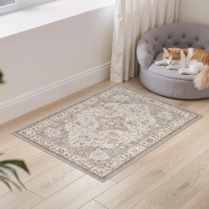 Washable Area Rugs for Living Room -2x3 Neutral Vintage Distressed Floral Farmhouse Boho Large Soft Floor Rug Indoor Non Slip Carpet for Bedroom Dining Room Office - Brown/Multi