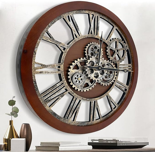 The B-Style Large Wall Clock 24 inch Moving Gear Wall Clock Oversized Vintage Farmhouse Wall Clocks for Living Room Decor Rustic Industrial Wood Clock (Black walunt Wood and Bronze)