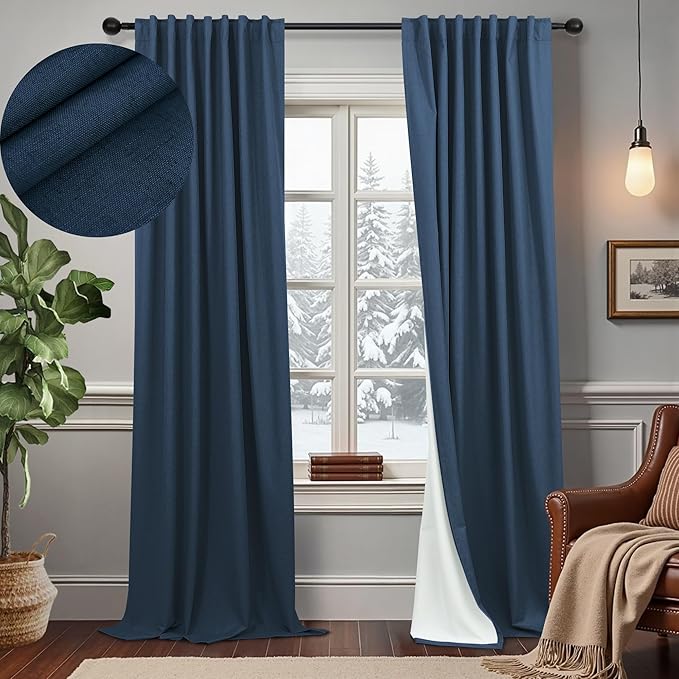 Navy Blue Drapes 96 Inch Long 2 Panels Back Tab Blackout Window Treatment Curtains White Backing for Living Room Darkening Thermal Linen Textured Black Out Curtain Bedroom Modern Farmhouse Dark Indigo