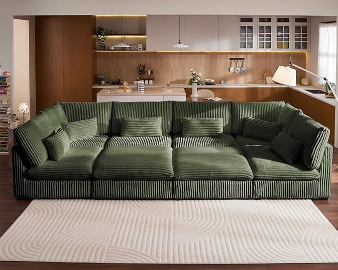 Oversized Modular Sofa, Extra Deep Cloud Corduroy Sectional Couch with Ottoman Chaise, Fluffy Chenille 8 Seater Couch Bed for Living Room, Villa (Sofa Bed 8 Seater, Corduroy Green)