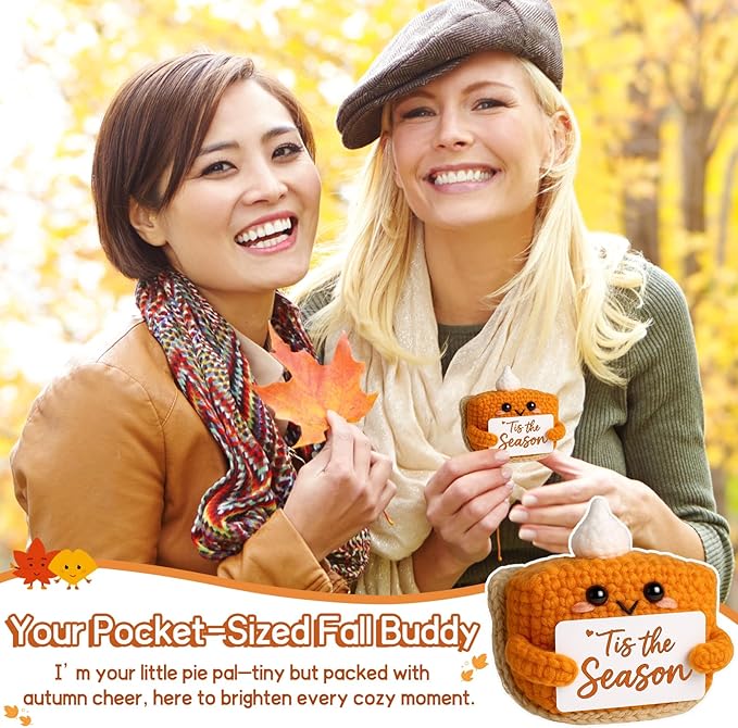 Tis The Season Fall Decor | Mini Crochet Pumpkin Pie Plush | Small Handmade Autumn Halloween Thanksgiving Items for Home Office Indoor Table Decoration Christmas Stocking Stuffer Ornament